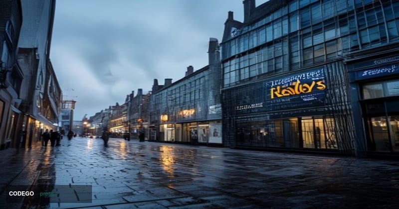 A cinematic editorial photograph taken at street level on a grey British high street, with a large Halifax branch facade bein