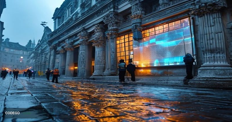 Cinematic editorial photograph of the exterior of a grand Victorian-era Halifax bank branch in a British high street, its sto