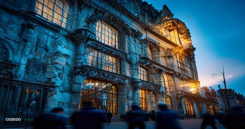 A dramatic cinematic editorial photograph set outside the grand stone facade of a historic British high-street bank branch, o
