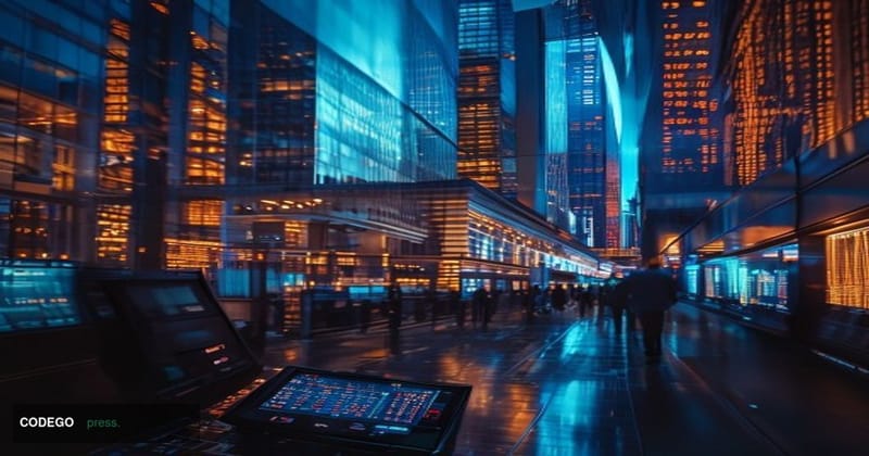 A cinematic editorial photograph of a modern London financial district trading floor environment, viewed through floor-to-cei