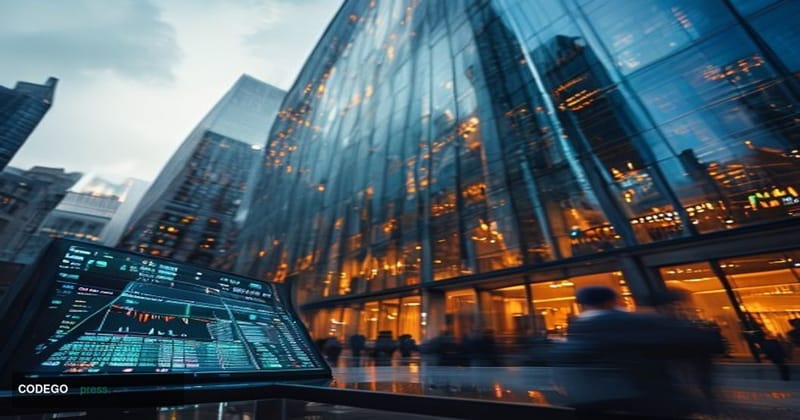A cinematic editorial photograph shot from a low angle looking up at the glass-and-steel facade of a major financial district