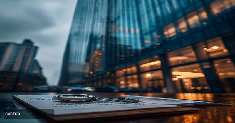A dramatic cinematic editorial photograph shot at low angle looking up at the glass-and-steel façade of a London financial di