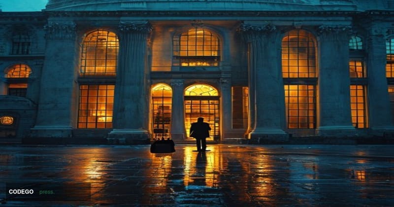 Cinematic editorial photograph of the London Stock Exchange's iconic neoclassical facade on Paternoster Square at deep night,