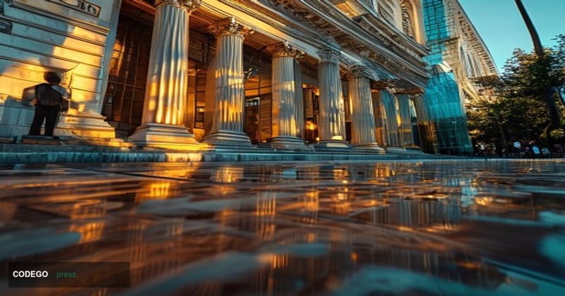 A cinematic editorial photograph of a grand Louisiana-style financial district building, shot from a low angle looking upward