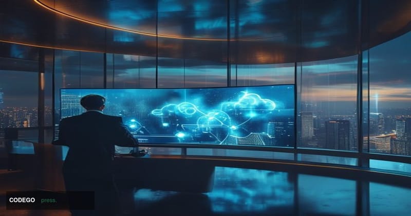 A dramatic cinematic editorial photograph set inside a sleek, modern credit union or community bank operations center, with c