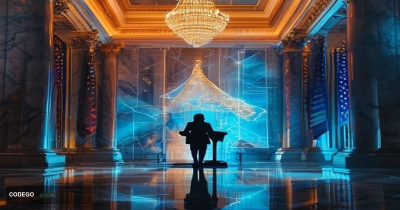 A cinematic editorial photograph taken inside a grand United States Senate chamber corridor, with marble columns and American