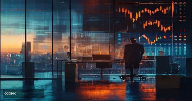 A photorealistic editorial photograph of a modern cryptocurrency exchange office environment undergoing visible transition — 