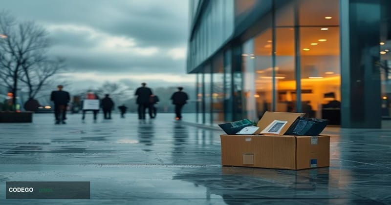 A cinematic editorial photograph taken at street level outside Luno's corporate office, with a glass-fronted modern building 