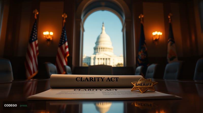 A photorealistic cinematic editorial photograph set inside a formal law enforcement meeting room inside a grand U.S. county g