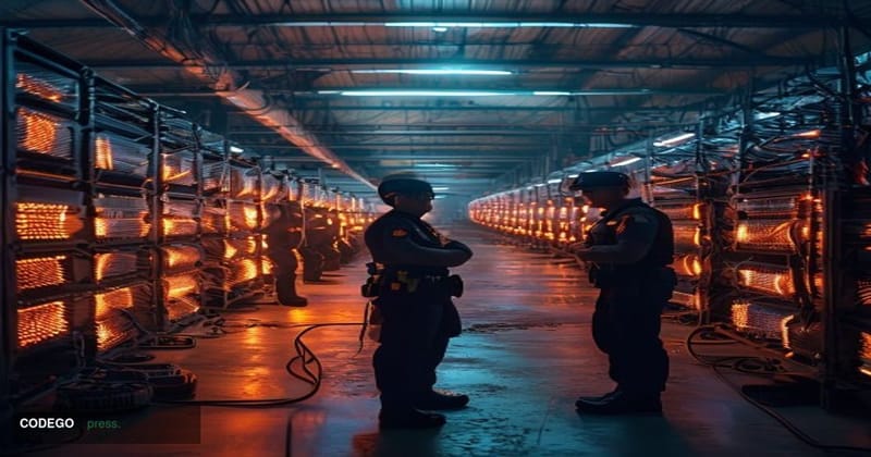 A dramatic photorealistic editorial photograph taken at ground level inside a large Malaysian warehouse seized by authorities