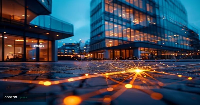 A cinematic editorial photograph of a modern glass-and-steel banking technology headquarters at dusk, with the warm amber glo