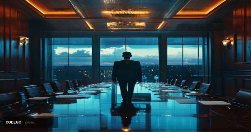 A photorealistic cinematic editorial photograph set inside a grand Federal Reserve boardroom with dark mahogany paneling and 