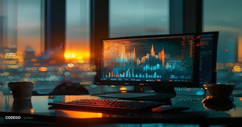 A cinematic editorial photograph of a darkened computer monitor displaying a fragmented, fading crypto dashboard interface wi