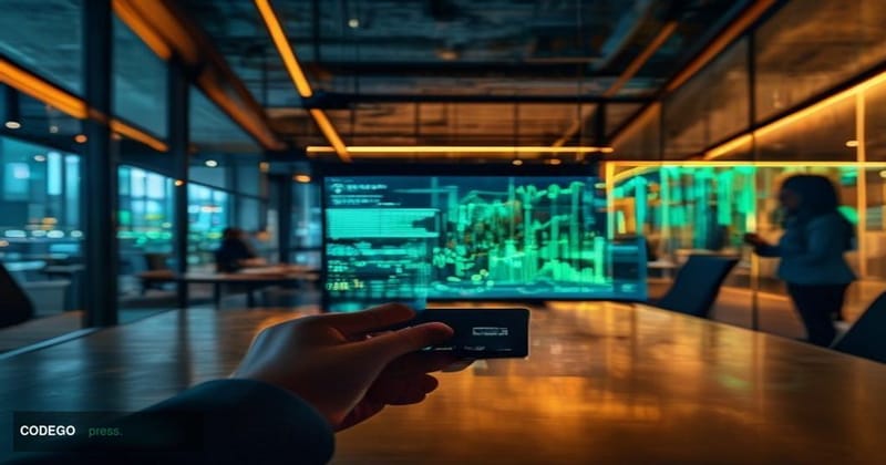 A cinematic editorial photograph set inside a sleek, modern financial technology office environment distinctly evoking Marqet