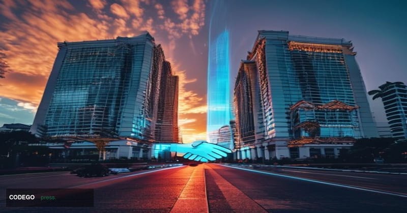 A cinematic editorial photograph taken at ground level looking up at two prominent Southeast Asian central bank buildings sid