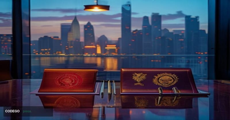 A photorealistic cinematic editorial photograph shot at the financial district border between Singapore and Shanghai — foregr
