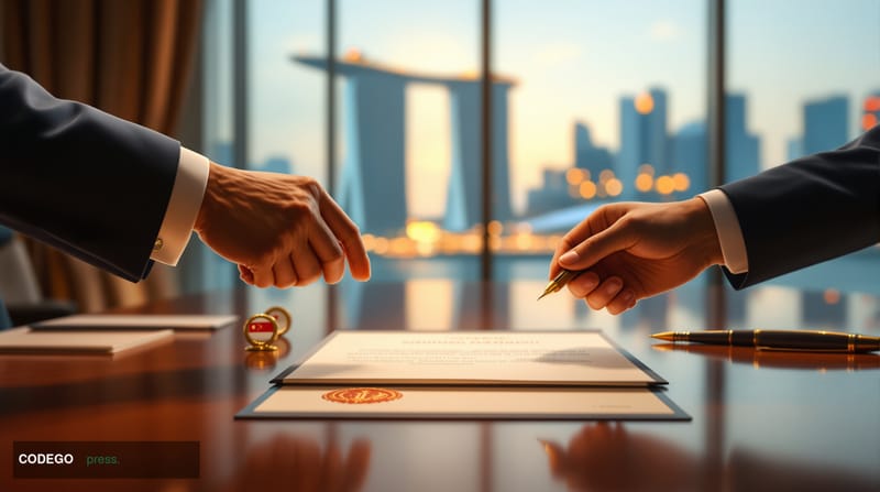 A cinematic editorial photograph shot at the symbolic boundary between Singapore's Marina Bay financial district and a subtle