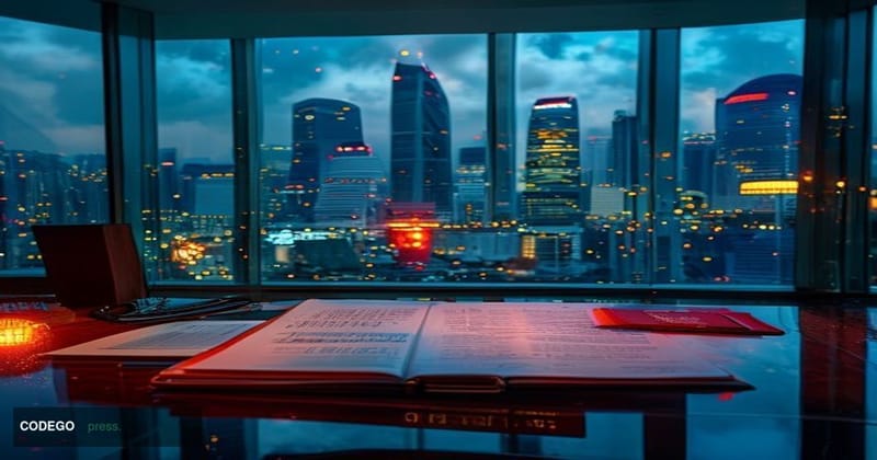A dramatic cinematic editorial photograph set in Singapore's central business district, with the iconic Marina Bay Sands towe