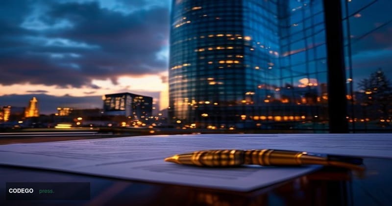 A cinematic editorial photograph set at the Monetary Authority of Singapore's landmark headquarters on 10 Shenton Way, Singap