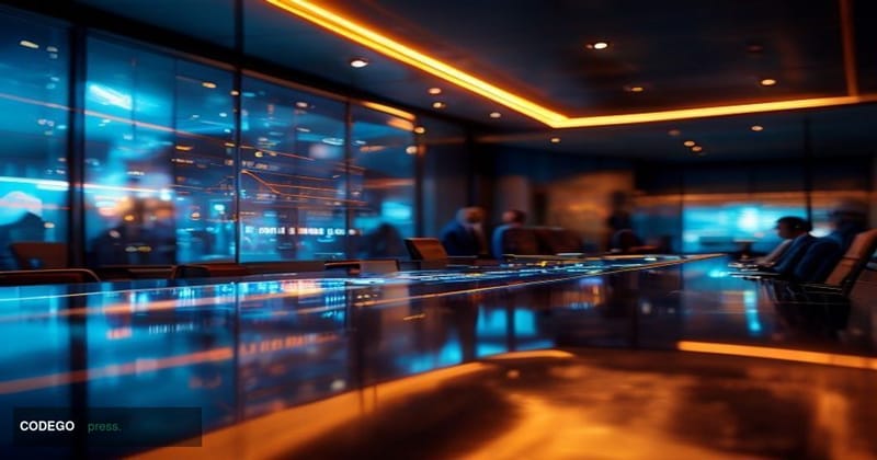 A sleek corporate boardroom environment with a large curved glass conference table in the foreground, where a high-resolution