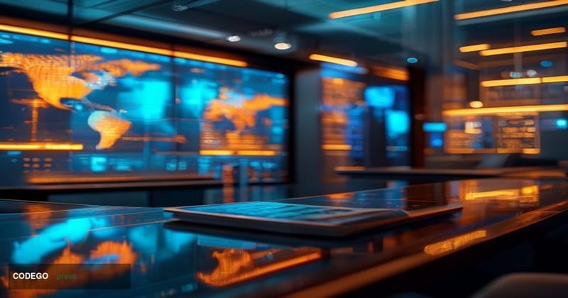A cinematic editorial photograph set inside a sleek, modern corporate payments operations centre, with large curved displays 
