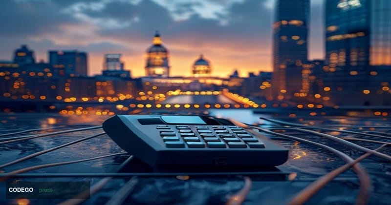 A dramatic cinematic editorial photograph centered on the City of London financial district skyline at dusk, with the iconic 