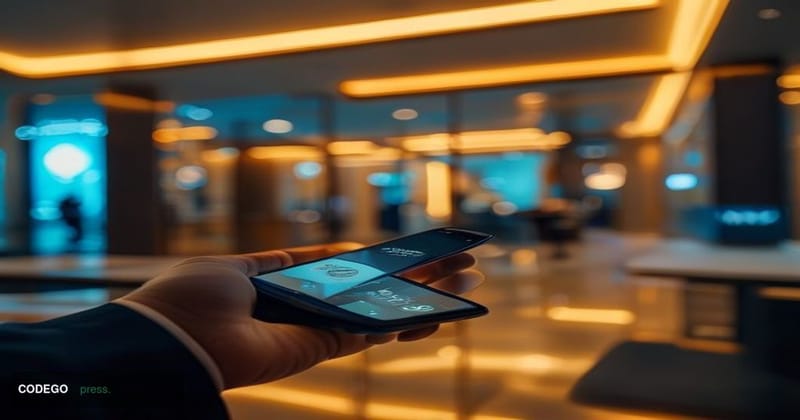 A cinematic editorial photograph of a modern banking professional's hands hovering over a sleek smartphone displaying a conta