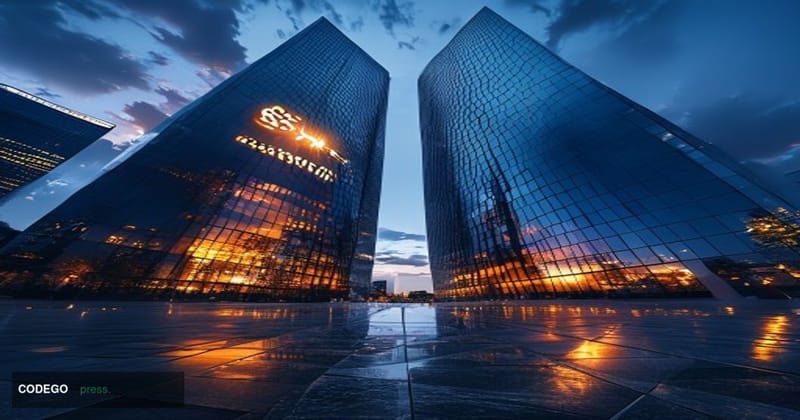 A cinematic editorial photograph shot from a low angle looking up at two towering glass-and-steel corporate skyscrapers conve