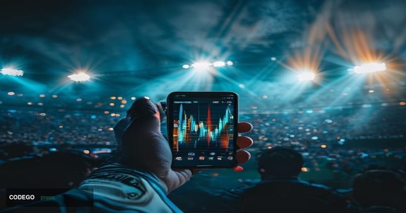 A cinematic editorial photograph set at a packed 2026 World Cup stadium at night, with floodlights casting dramatic golden ra