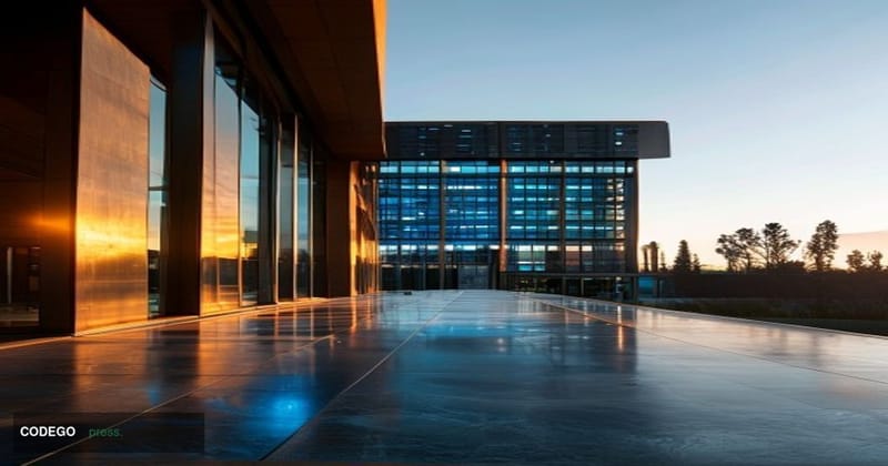 A cinematic editorial photograph shot from a low angle looking up at Meta's Menlo Park headquarters campus, its iconic thumbs