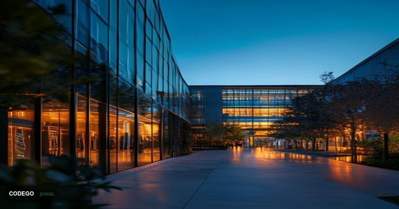 A cinematic editorial photograph of Meta's Menlo Park headquarters campus at dusk, shot from a low wide-angle perspective wit