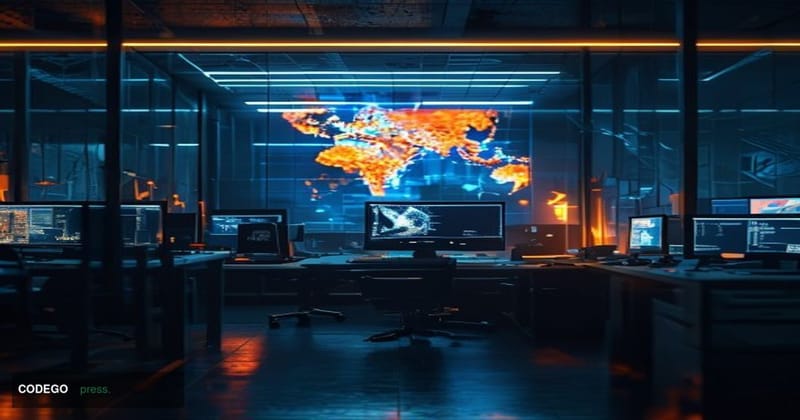 A dramatic cinematic editorial photograph set inside a darkened open-plan technology office at night, shot from a low-angle p