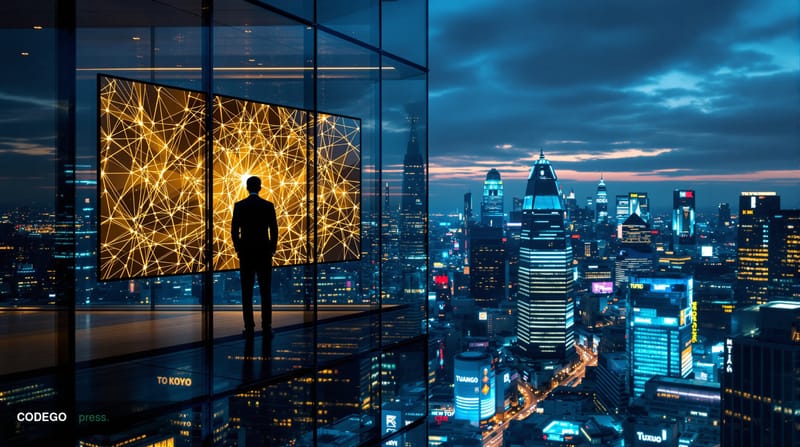 A dramatic cinematic editorial photograph set in Tokyo's financial district, with the recognizable neon-lit skyscrapers of Sh