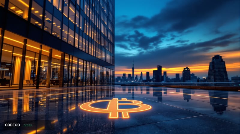 A dramatic photorealistic editorial photograph of Metaplanet's Tokyo corporate headquarters at dusk, shot from a low angle lo