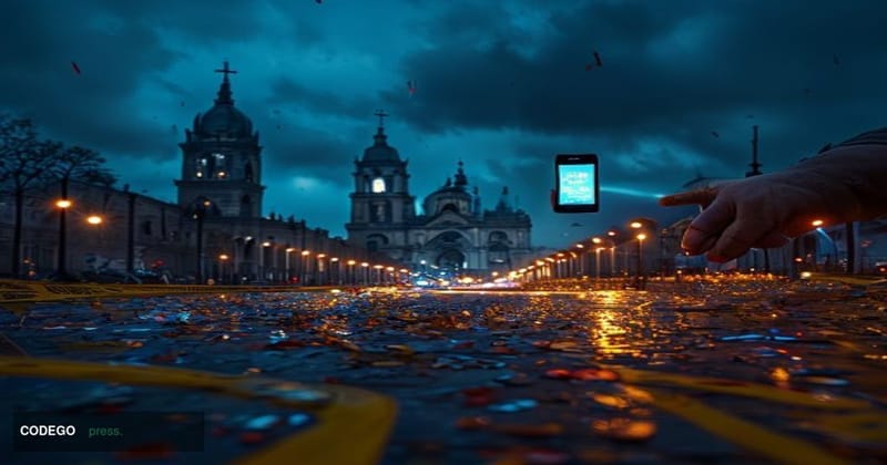 A dramatic cinematic editorial photograph taken at street level in Mexico City's historic Zócalo plaza at night, with the Met