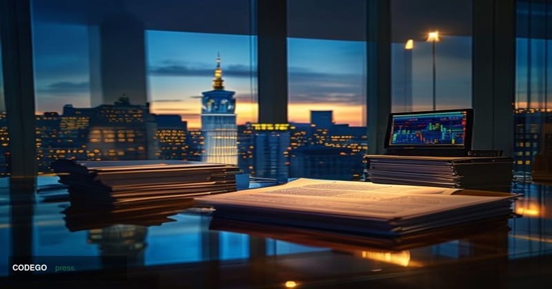 A dramatic wide-angle shot of a glass-and-steel European financial district at dusk, with the unmistakable silhouette of the 