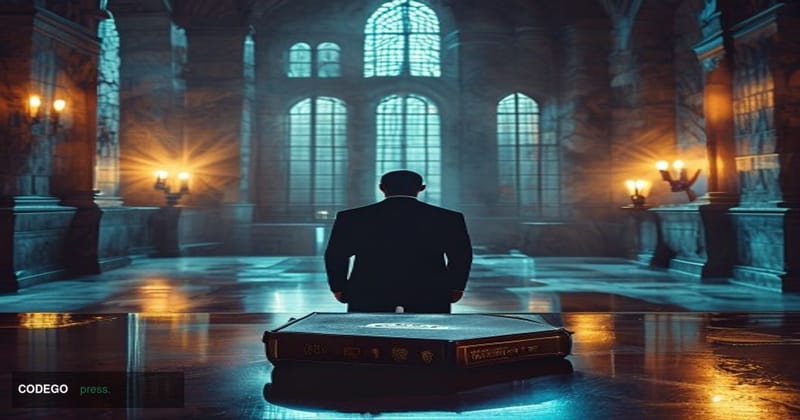 A dramatic editorial photograph set inside a grand European regulatory chamber, likely modeled on the architecture of Brussel