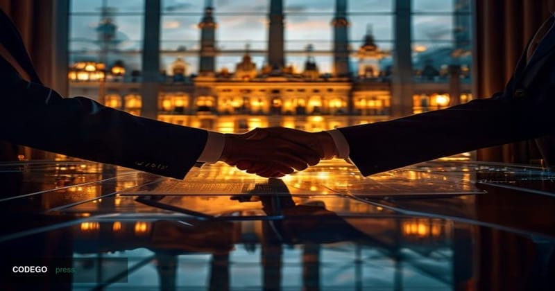 A dramatic cinematic editorial photograph set in Brussels, Belgium, with the European Parliament building visible in the back