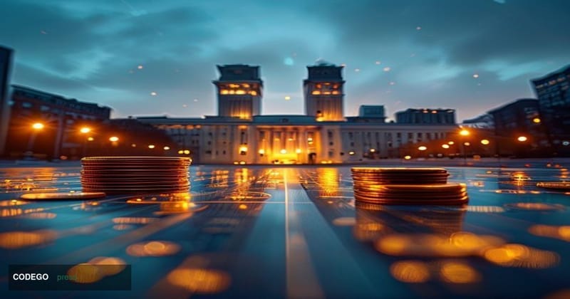 A cinematic editorial photograph set in the heart of Frankfurt's financial district, with the European Central Bank's iconic 