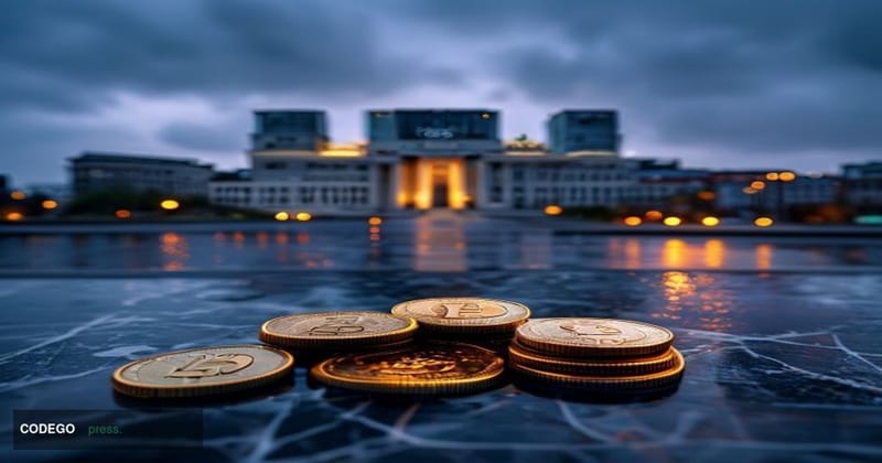 A photorealistic editorial photograph set in Frankfurt, Germany, with the European Central Bank headquarters prominently visi