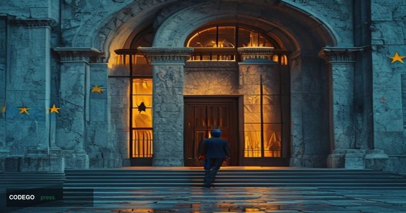 A cinematic editorial photograph set at the entrance of a grand European regulatory institution — modelled on Brussels' archi
