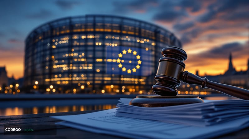 A dramatic wide-angle shot of the European Parliament building in Strasbourg, France, captured at dusk with warm amber light 