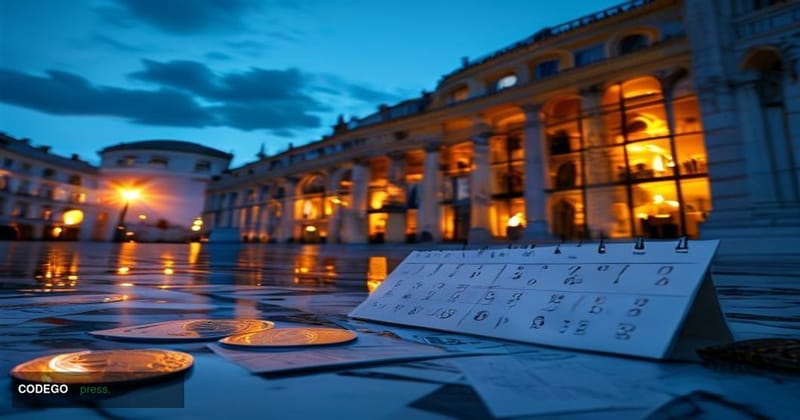 A wide-angle cinematic shot of the European Parliament building in Strasbourg at dusk, its curved glass facade illuminated by