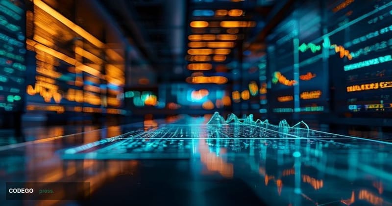 A cinematic editorial photograph set in a modern financial trading floor environment, with large digital screens prominently 