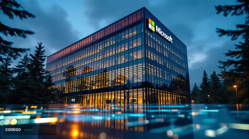 A dramatic cinematic editorial photograph of the Microsoft headquarters campus in Redmond, Washington, shot at dusk with warm