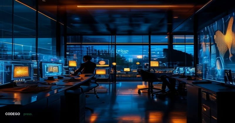 A cinematic editorial photograph taken from a low-angle perspective inside a dramatic, high-tech cybersecurity operations cen