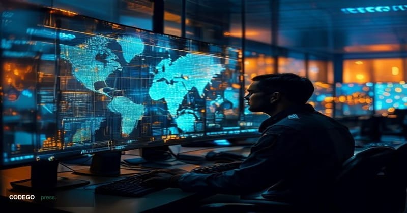 A dramatic cinematic editorial photograph set inside a high-security Microsoft network operations center, with the name "Micr