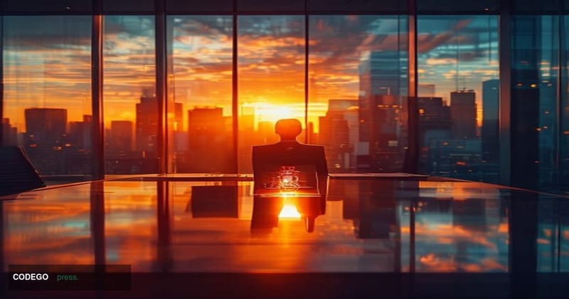 A cinematic editorial photograph set inside a sleek, glass-walled executive boardroom with floor-to-ceiling windows overlooki