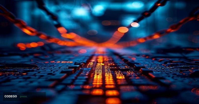 A cinematic editorial photograph depicting a fractured digital bridge suspended in darkness, with glowing amber chain links b
