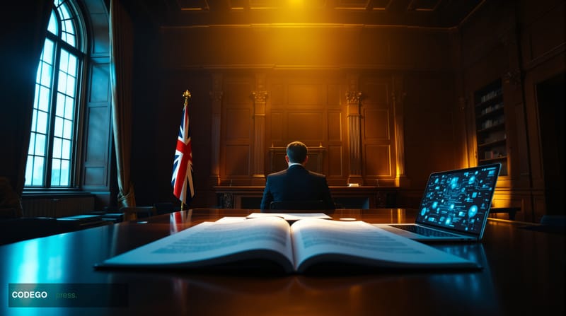 A cinematic editorial photograph set inside a grand, high-ceilinged British financial regulatory hearing room — think polishe